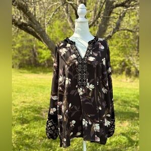 Belle Kim Gravel Long Sleeve Embroidered Floral Print Blouse Size 2X Black